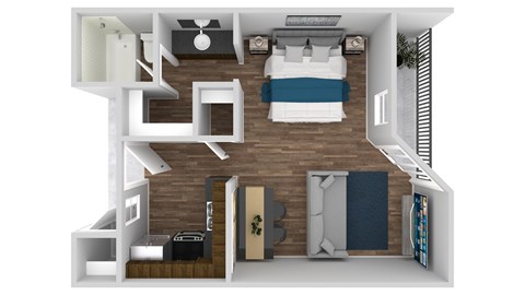 A 3D rendered image of a small apartment layout.